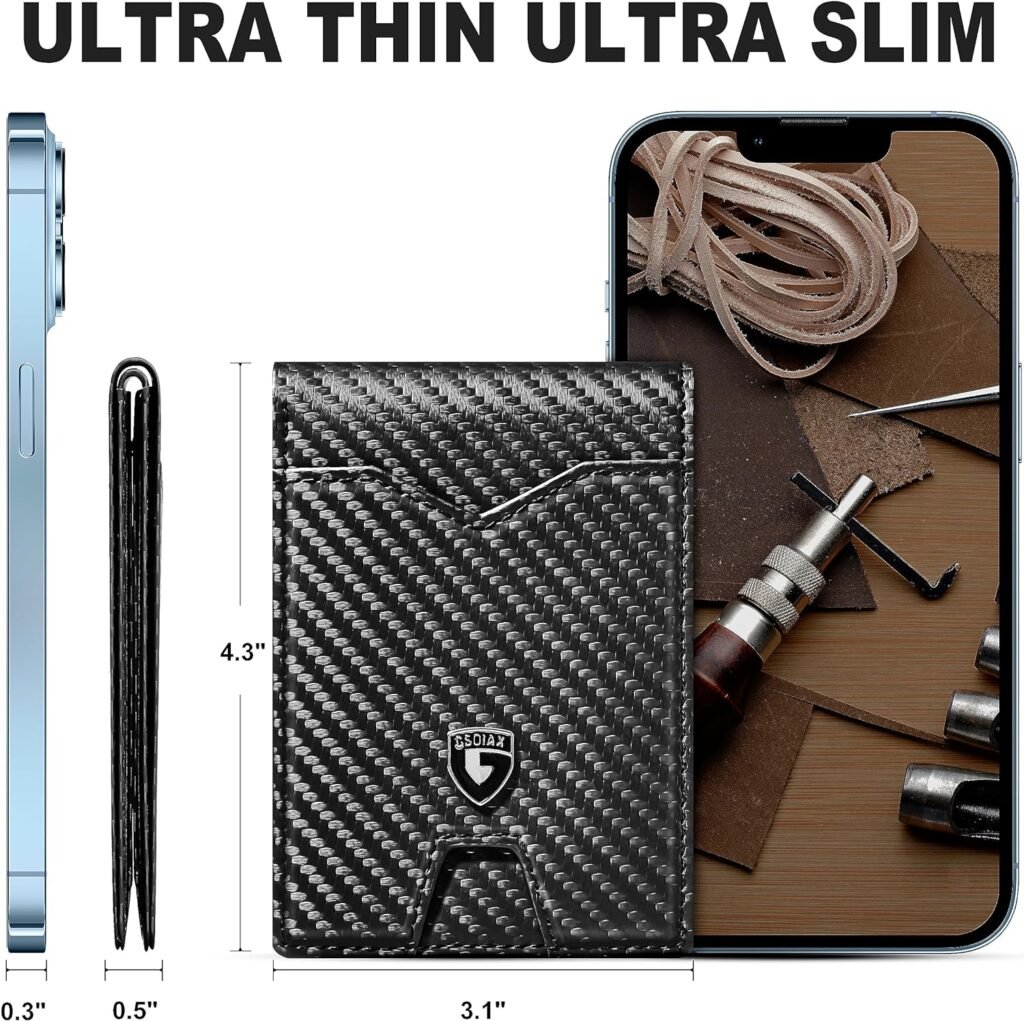 GSOIAX Mens Slim Wallet for Men Minimalist Genuine Leather Carbon Fiber Rfid Blocking Bifold Credit Card Holder With Gift Box (Carbon)