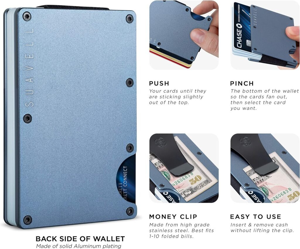 Suavell Slim Metal Wallet for Men - Minimalist Tactical Wallet - RFID Blocking Card Holder w Money Clip - Thin, Smart Wallet - Front Pocket Wallet - Aluminum Credit Card Holde