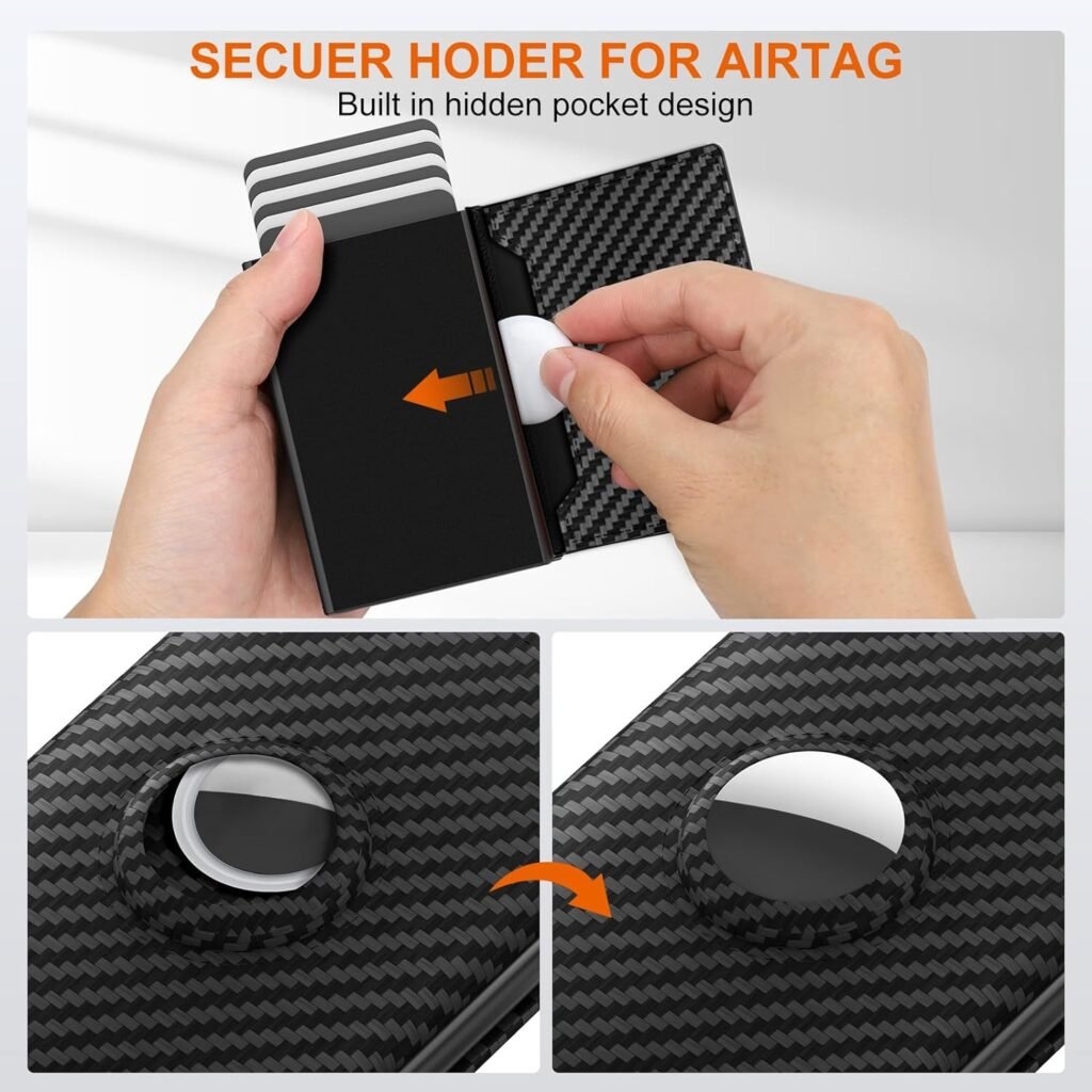 AirTag Wallet for Men, Slim Mens Wallet for AirTag | Genuine Leather Card Holder Compatible with Apple Air Tag | RFID Blocking | Carbon Fiber | ID Window | Cash Slot | Minimalist - Holds 10-15 Cards