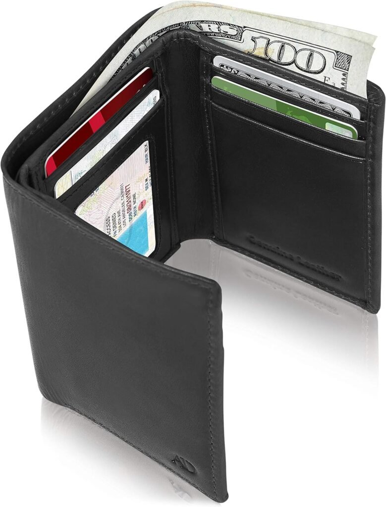 Trifold Wallets for Men - Slim RFID Blocking Wallet for Securing Personal Data - Front Pocket Friendly Genuine Leather Wallet - Mens Wallets Trifold with ID Window - Tri Fold Wallet Gifts for Men